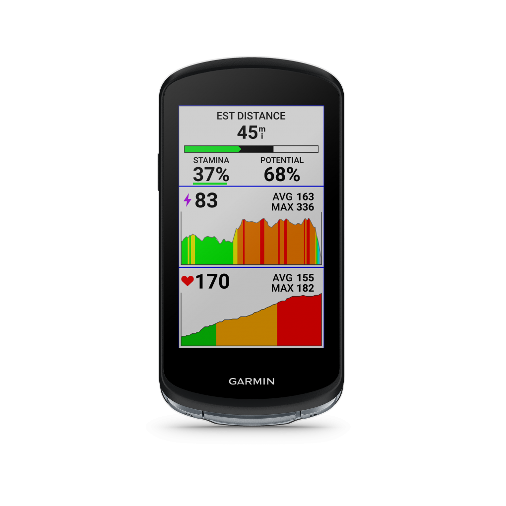 Computador para bicicleta Garmin preto com ecrã a mostrar dados de desempenho e gráficos coloridos