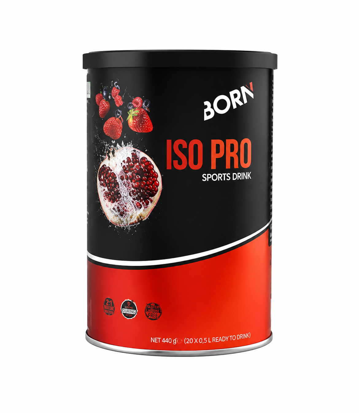 Embalagem de bebida desportiva ISO PRO BORN com romã e frutos silvestres