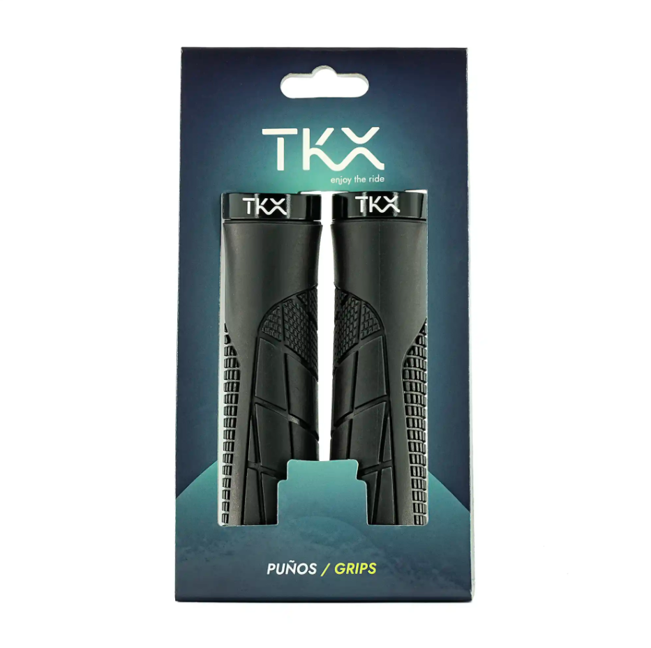 Punhos para bicicleta pretos da marca TKX em embalagem azul