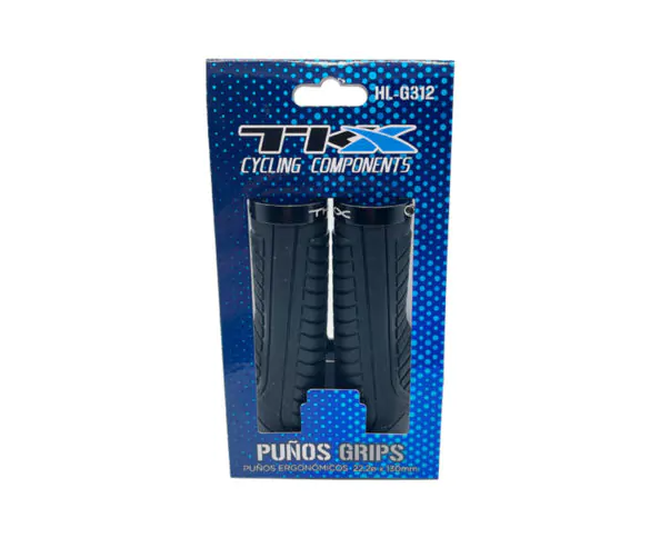 Punhos ergonómicos pretos para bicicleta em embalagem azul com texto TKX