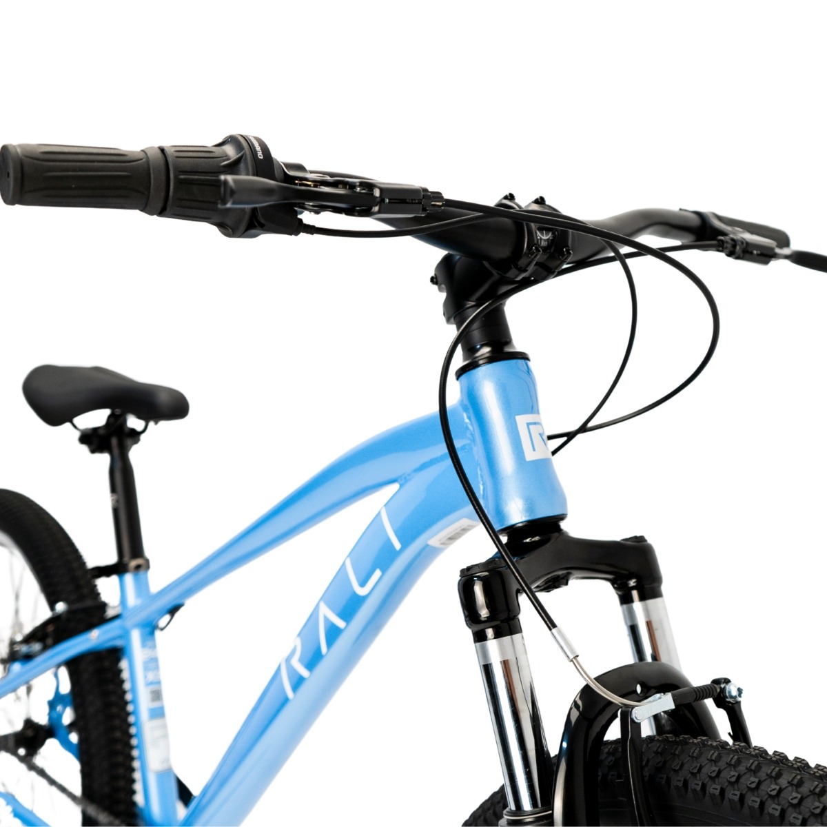 Bicicleta de montanha azul com quadros e guiador preto