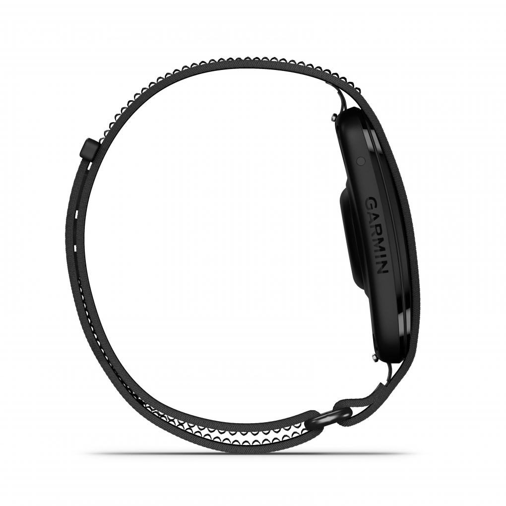 Relógio inteligente preto Garmin com bracelete preta perfurada