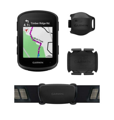 Dispositivo GPS Garmin para bicicleta com acessórios e fita de peito.