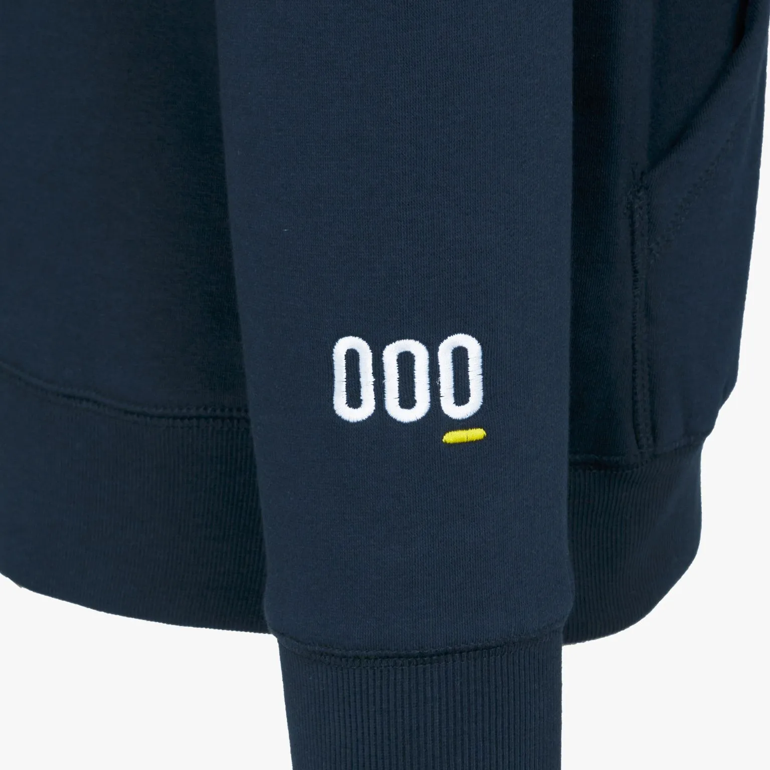Manga de sweat azul escuro com bordado branco e amarelo