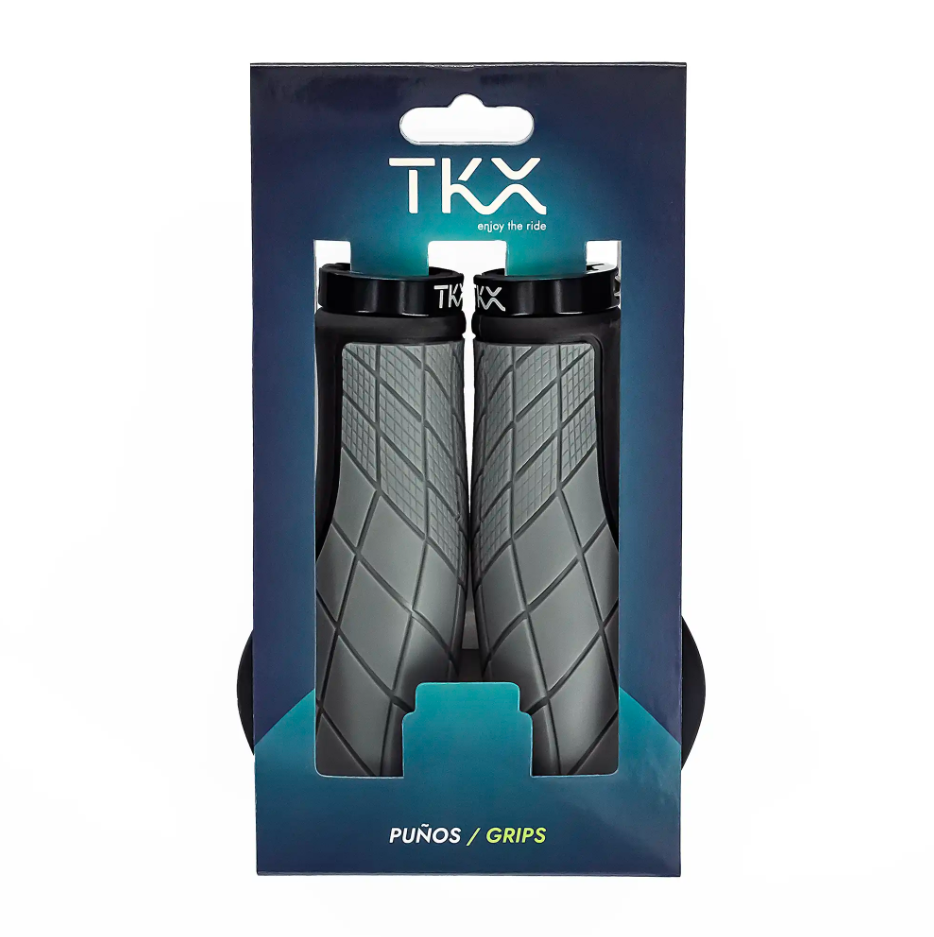 Puños grips cinzentos com fecho preto em embalagem azul da marca TKX