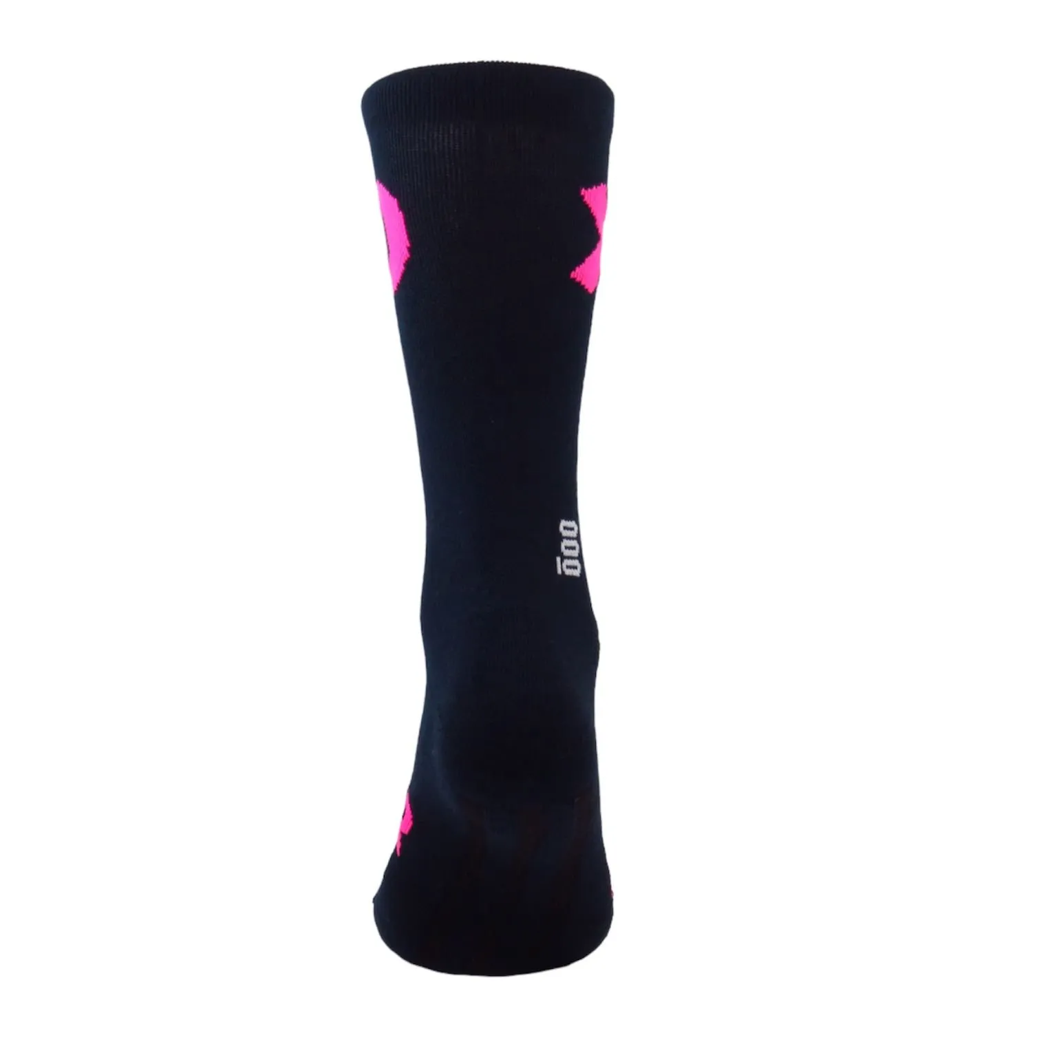 Meia preta com detalhes rosa fluorescente e texto DOG em branco.