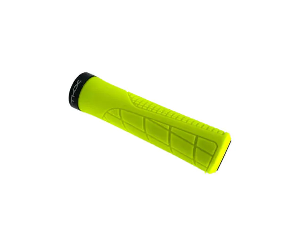 Punho amarelo fluorescente para guiador de bicicleta com terminação preta e inscrição HYXC