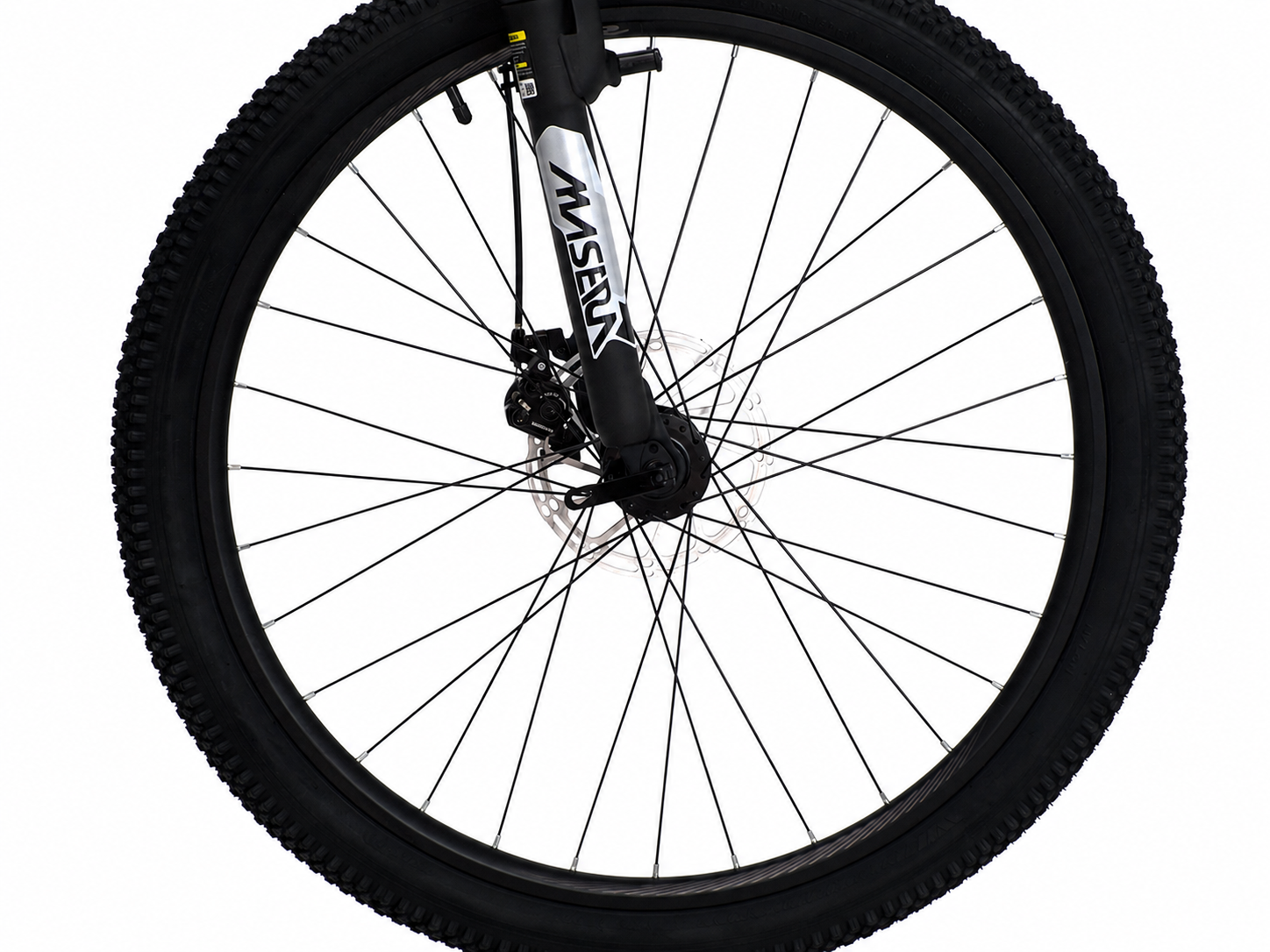 Roda dianteira de bicicleta de montanha com suspensão e texto MUSER