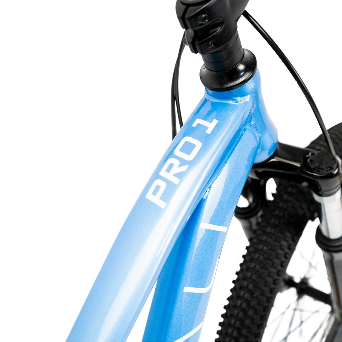 Quadro de bicicleta azul metálico com texto branco Pro 1