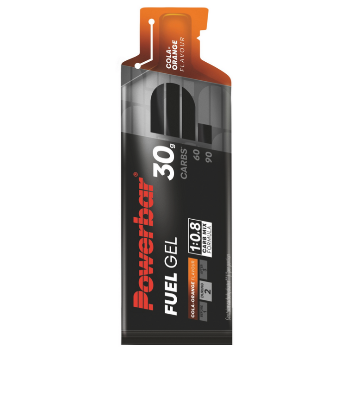 Embalagem de gel energético Powerbar sabor cola-laranja preta e laranja