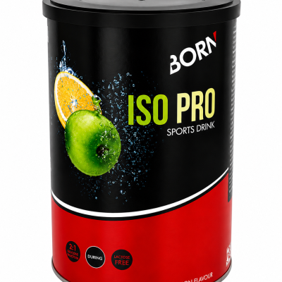 Recipiente preto e vermelho com produto ISO PRO sabor maçã e limão