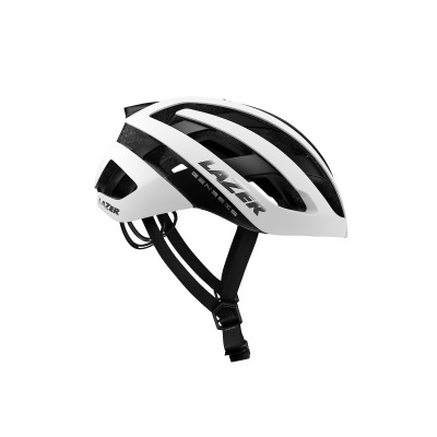 Capacete de ciclismo branco e preto com o texto LAZER GENESIS