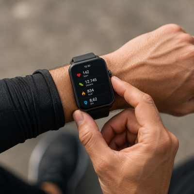 Relógio inteligente preto com visor digital mostrando dados de saúde e exercício no pulso de uma pessoa