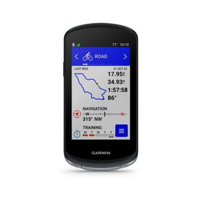 Dispositivo Garmin preto com ecrã colorido a mostrar dados de ciclismo