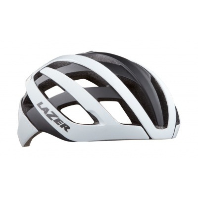 Capacete de ciclismo branco e preto com texto LAZER na lateral