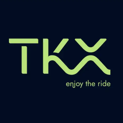 Logo TKX verde claro sobre fundo azul escuro com texto enjoy the ride
