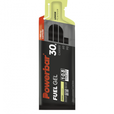 Pacote de gel energético Powerbar Fuel Gel sabor limão em embalagem preta e amarela