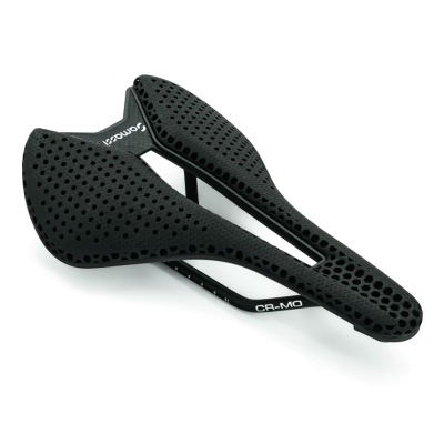 Selim de bicicleta preto perfurado com marca SOMOSI e texto CR-MO