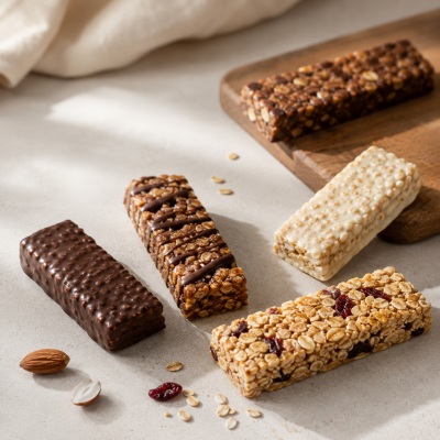 Cinco barras de cereais variadas com chocolate, aveia e frutos secos sobre superfície clara