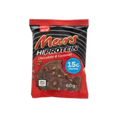 Pacote vermelho e preto de cookie Mars HIPROTEIN Chocolate & Caramel 60g com destaque azul a 15G PROTEIN