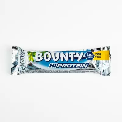 Barra Bounty Hi Protein em embalagem prateada e azul