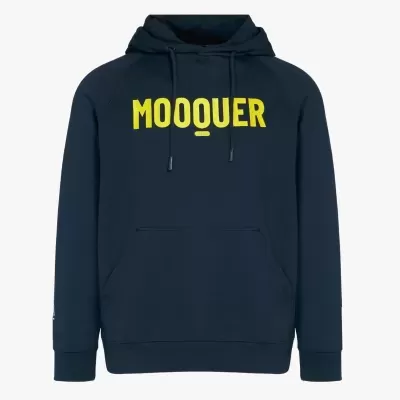 Sweatshirt azul escuro com capuz e texto amarelo MOOQUER