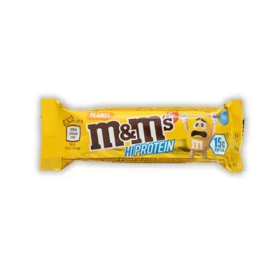 Barra M&Ms HI PROTEIN com embalagem amarela e texto destacando 15 gramas de proteína