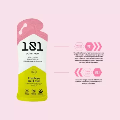 Embalagem de geleia energética Fructose Gel Level com design em amarelo, branco e rosa