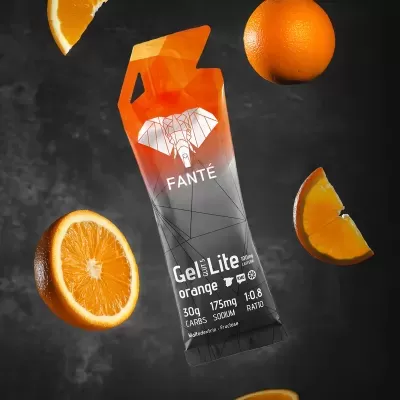 Pacote de suplemento alimentar Gel Lite orange da marca FANTÉ com detalhes laranja e cinza e laranjas frescas ao redor