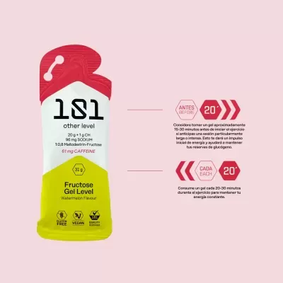 Pacote de gel energético Fructose Gel Level de melancia com informações nutricionais e etiquetas de qualidade.