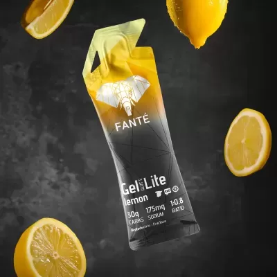 Embalagem de gel energético GelLite sabor limão com design amarelo e cinzento