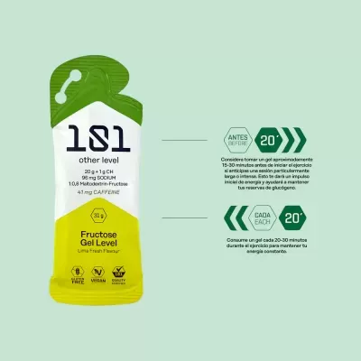 Gel energético Fructose Gel Level Lima Fresh em embalagem branca e amarela