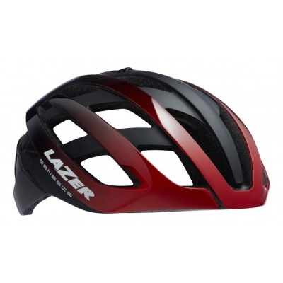 Capacete de ciclismo preto e vermelho com texto LAZER GENEISIS