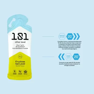 Embalagem de gel energético frutose branca e amarela com texto e instruções