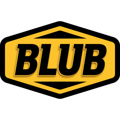 Logotipo com a palavra BLUB em letras pretas em fundo amarelo hexagonal
