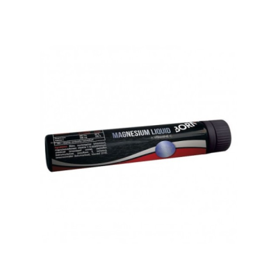 Frasco tubular preto e vermelho de suplemento líquido de magnésio com tampa preta