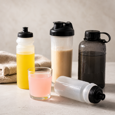 Garrafas de plástico com bebidas e um copo com líquido cor-de-rosa num ambiente claro