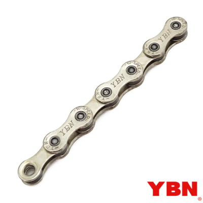 Corrente prateada de bicicleta com texto YBN e 10-SPEED