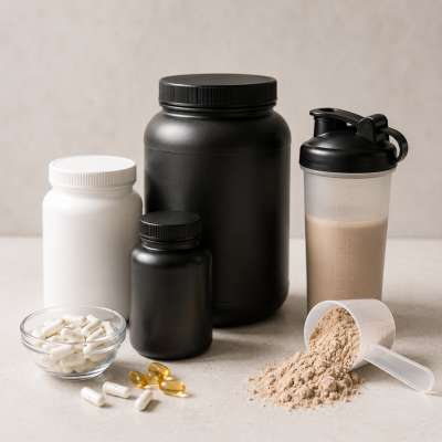 Suplementos alimentares, cápsulas, pó e copo misturador em frascos preto e branco