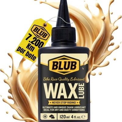 Frasco preto de lubrificante para corrente de bicicleta BLUB WAX LUBE com etiqueta amarela e cartaz com texto 7.200 km por bote.