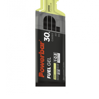 Gel energético Powerbar Fuel Gel sabor limão em embalagem preta e amarela