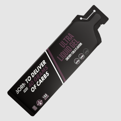 Sachet preto de gel alimentar Ultra Liquid Gel sabor Cherry/Cola com texto em branco e roxo