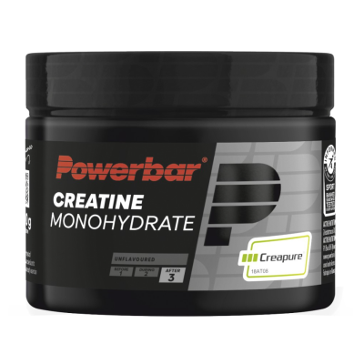 Frasco preto de suplemento Powerbar Creatine Monohydrate com rótulo preto, cinzento, branco e logótipo Creapure