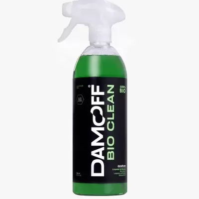 Frasco de spray transparente com líquido verde e rótulo DAMOFF BIO CLEAN
