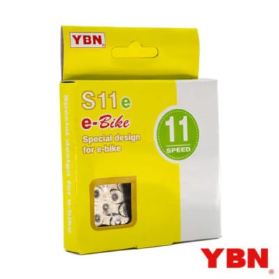 Embalagem amarela e branca com corrente de bicicleta YBN S11 e para e-Bike
