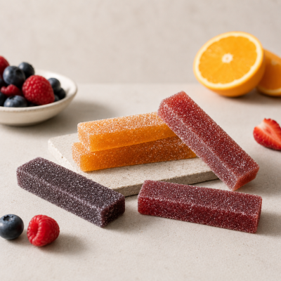 Barras de gomas de fruta com açúcar e frutas frescas ao redor