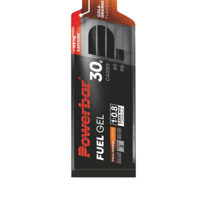 Embalagem Powerbar Fuel Gel sabor Cola-Orange Flavour com texto informativo
