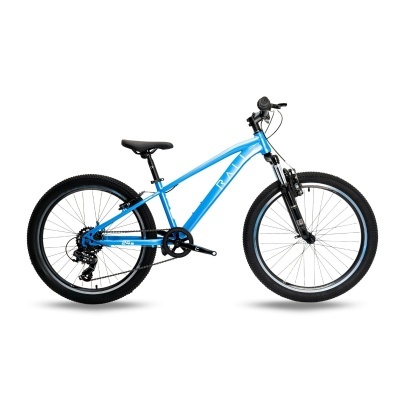 Bicicleta de montanha azul com quadro metálico e selim preto