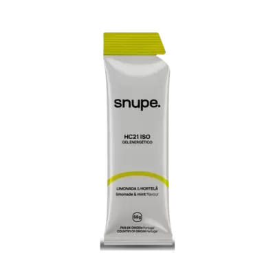 Embalagem branca com tampa amarela de gel energético snupe sabor limonada e hortelã