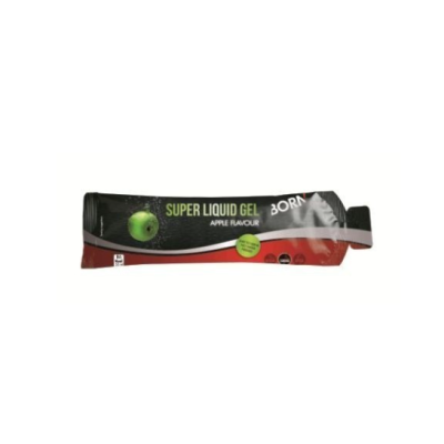 Gel líquido sabor maçã em embalagem tipo sachê preta com detalhes vermelhos e verdes.